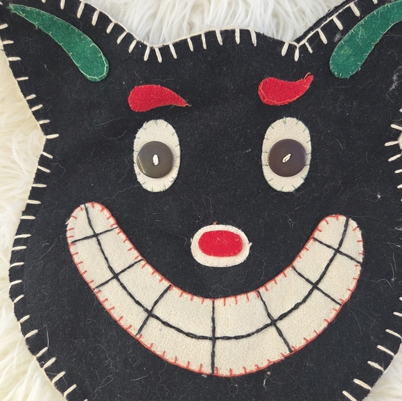 Handmade Vintage TAG Wool Smiling Black Cat Head Crossbody Bag Purse - Picture 2 of 7